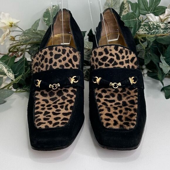 Saks Fifth Avenue Heels Women’s Size 8 AA Black Suede Animal Print Loafer Pump - Picture 1 of 15